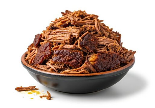 Delicious pulled pork in a rustic bowl ready to serve isolated on white background