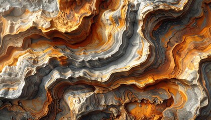 Abstract, close-up view of textured rock formations. Layers of orange, gray, and white create a dynamic, swirling pattern