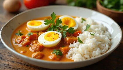 Plate of Sri Lankan egg curry in coconut gravy with soft rice and fresh parsley garnish. Rich orange sauce with boiled egg halves and diced vegetables. Delicious meal.