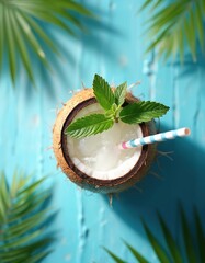 Fresh coconut drink with mint and straw rests on bright blue wood. Palm leaves frame cool beverage. Refreshing summer drink quenches thirst.