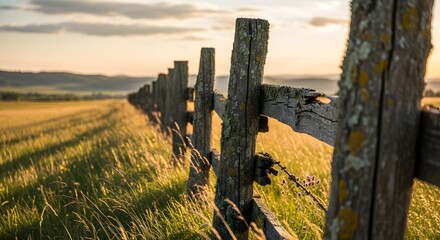 Obraz premium Rustic wooden fence in a golden field at sunset with rolling hills