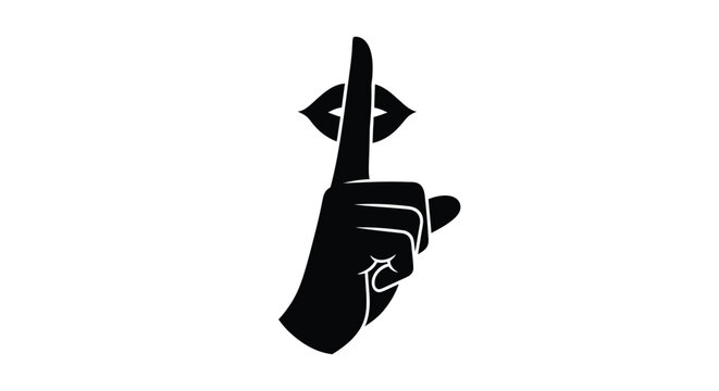 Black silhouette of a hand making a shush gesture for silence
