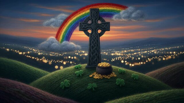 Rainbow over green hills with celtic cross and pot of gold at sunset, for St Patrick Day knitted design
