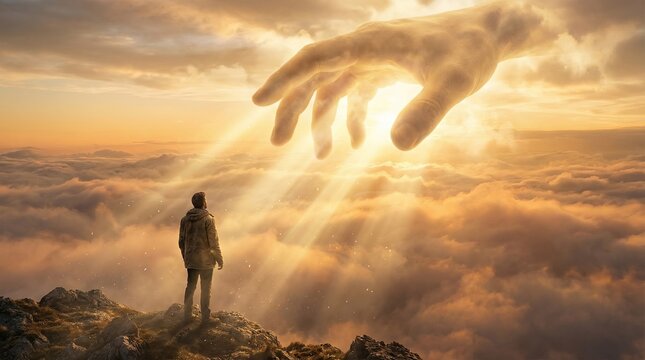 Small man sees God's hand in clouds seeking salvation from death concept. A dramatic scene showcasing a person amidst divine light.
