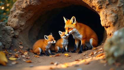 Obraz premium Fox mother watches over her playful cubs near den entrance. Young kits interact with parent in cozy earthy burrow. Cute baby animals with orange fur enjoy family time in nature.