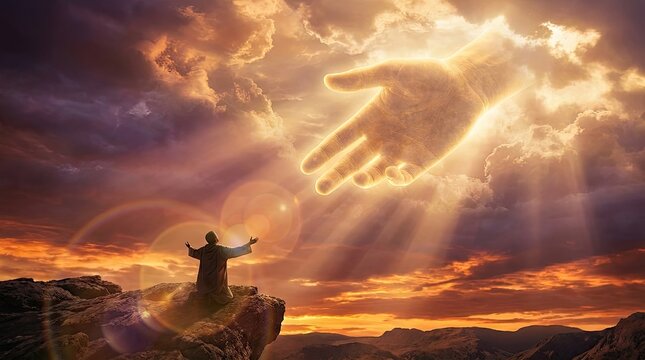 Small man sees God's hand in clouds seeking salvation from death concept. A figure embraces a divine hand from the clouds at sunset.