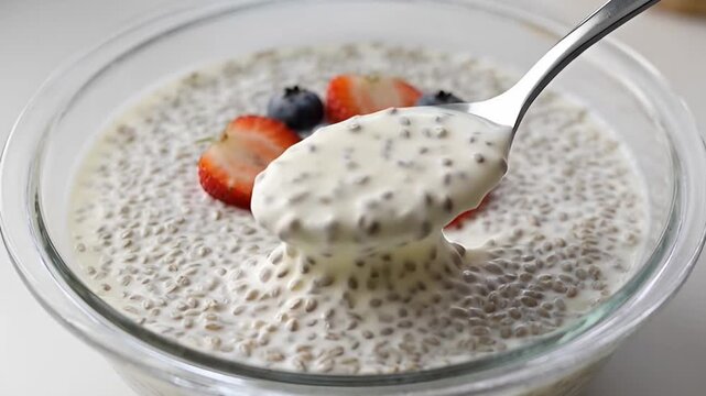 Close up view of chia seed pudding with fresh berries in glass bowl