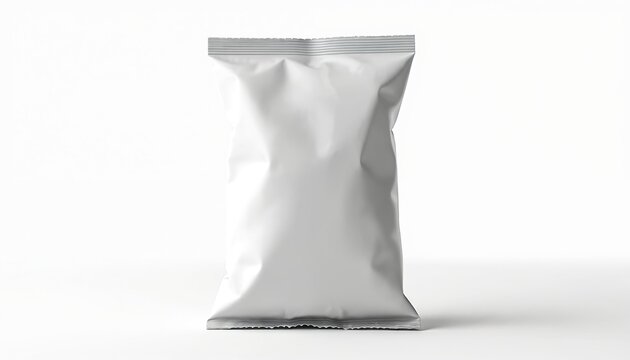 Empty plain white chip bag sits on a white surface. This product packaging mockup has a silver serrated seal at the top. It is a clean and simple snack wrapper.