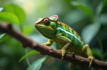 Obraz premium Green Yemeni chameleon rests on tree branch. Exotic reptile shows textured scales and bright colors. Small creature with large eyes camouflages in nature.