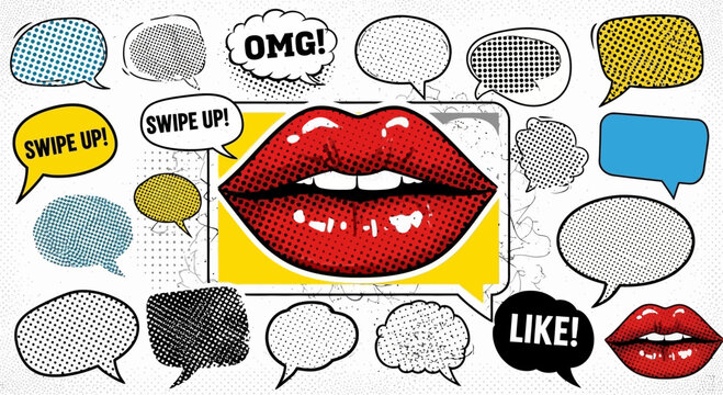 pop art lips with speech bubbles, comic style background