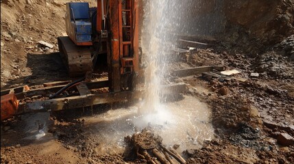 Fototapeta premium Drilling rig extracting groundwater with water jet eruption at borehole site, muddy pit and drill rig components visible, representing well drilling and water extraction.