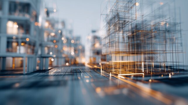 Defocused architectural visualization of a building 3d design concept using digital technology for construction planning and engineering modeling, virtual design and technological innovation.