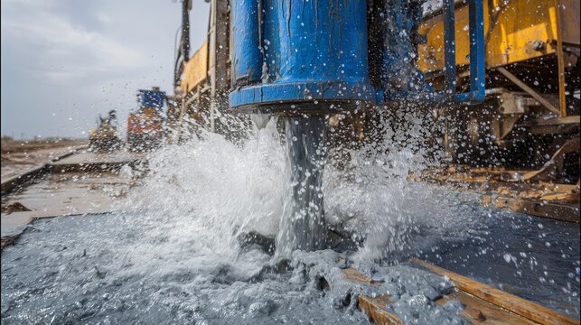 Drilling rig pumping water as drill bit breaks groundwater surge during well drilling and groundwater extraction operation.