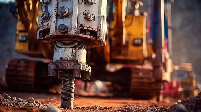 Close-up of a diesel-powered well drilling rig boring into earth to access underground water, showing drill head, mast, track undercarriage and muddy construction site.