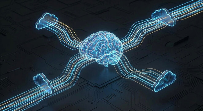 Abstrakte Darstellung von k&uuml;nstlicher Intelligenz und Cloud Computing mit leuchtenden Datenstr&ouml;men und neuronalen Netzen