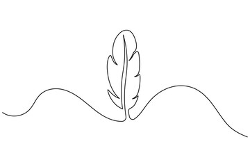 A minimalist continuous one line drawing of a bird feather or quill. Simple black linear vector illustration on a white background for modern aesthetic design.