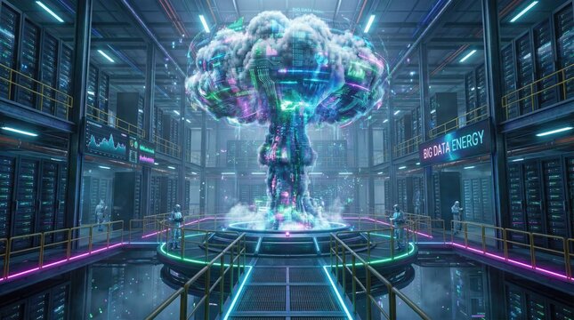 Realistic Tsar Bomba cloud as icon representing computing power in warehouse concept. A futuristic digital explosion concept in a tech environment.