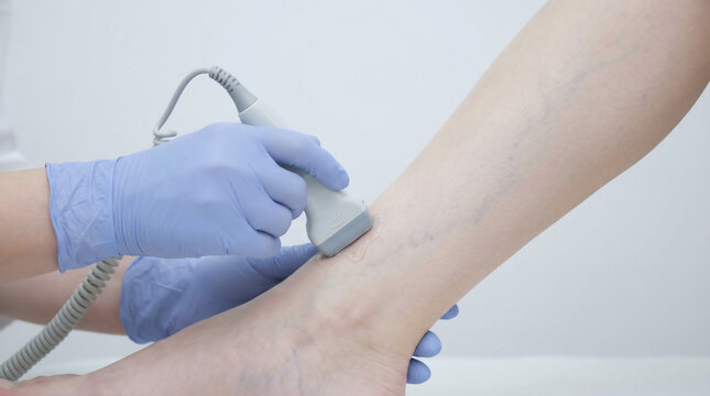 Phlebologist gloved hands holding Doppler ultrasound probe on patient lower leg showing veins on white background with soft clinical light.