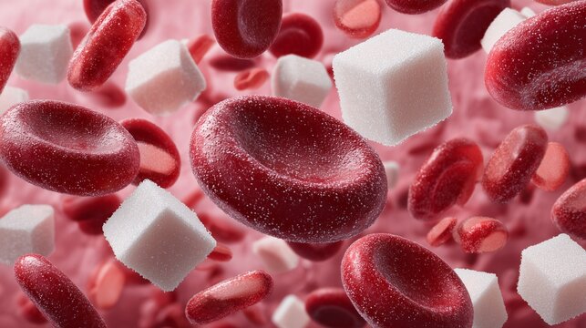 Red blood cell and sugar cube illustration representing diabetes education about blood glucose and insulin management.
