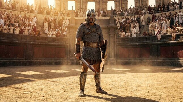 Ancient roman gladiator standing proud in coliseum arena before crowd concept. A gladiator stands poised for battle in an ancient arena.