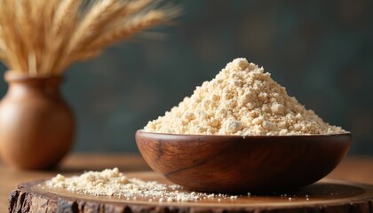 Barley flour forms a mound in rustic wood bowl. Spikes of grain in clay pot in background. Baking ingredient for healthy food. Natural texture, organic powder.