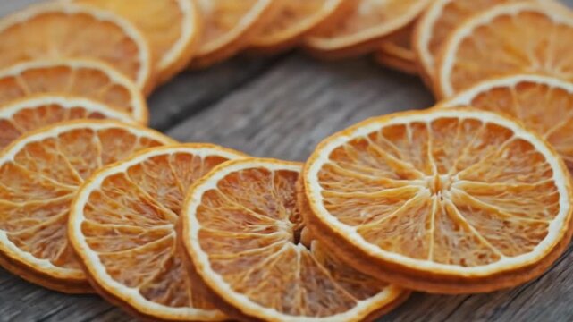 A close-up view of numerous dried citrus fruit slices artfully arranged in a circular pattern on a rustic, weathered wooden surface. The golden-orange, translucent slices reveal intricate segment deta