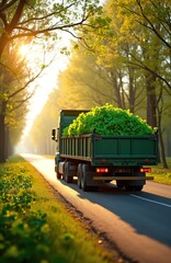 Obraz premium Green truck transports rich foliage along a sunlit country road lined with trees. Springtime nature scene with abundant green plants on a clear day.