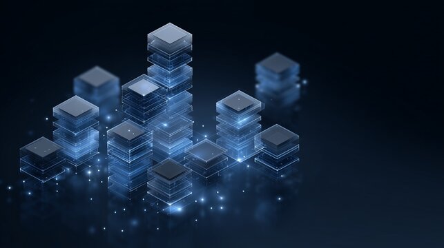 Isometric stack of illuminated server block representing database migration visualization with data flow and cloud transfer concept.