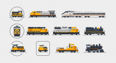 Collection of diverse train illustrations in various styles. © Ahmadhadik