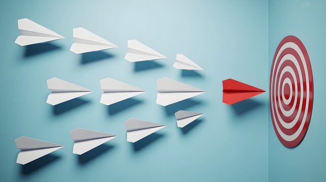 Leadership and focus concept with red paper plane leading white planes toward target, business strategy illustration symbolizing direction, vision, goal achievement, and success