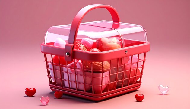 A red basket with a transparent lid is filled with heart-shaped items and a few scattered on the surface