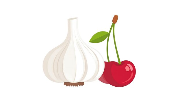 A white garlic bulb and two vibrant red cherries with a green stem and leaf, isolated on a white background