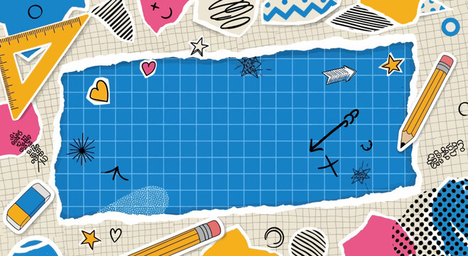 school supplies background, blue grid paper, creative design