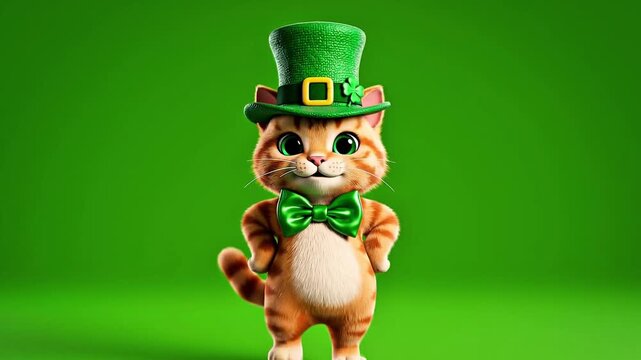A Cartoon cat animation green background cute animal playful dancing video st patrick day festive holiday celebration