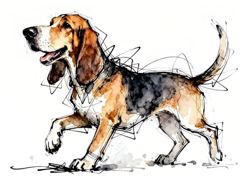 Minimalist abstract sketch series : happy Bloodhound dog, isolated studio portrait of a canine pet in pure white background 007