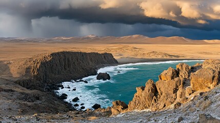 Fototapeta premium Dramatic coastal storm, desert bay, rocky cliffs, Patagonia
