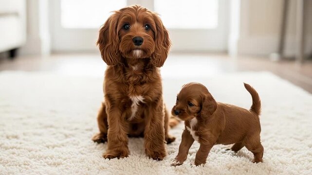 Cavapoo mother gently raises paw while puppy bounces its ears in living room.