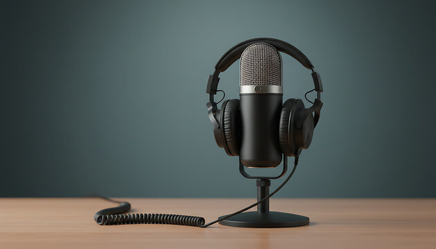 Podcasting and radio concept with retro microphone and headphones on empty wooden table and dark blank wall background with place for your logo text. 3D rendering, mock up, Communication & Events