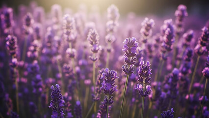 Obraz premium Close-up of Lavender Field at Sunset with Soft Golden Light