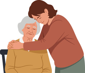 Obraz premium Adult daughter hugging her senior mother with love and care
