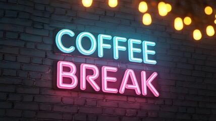 Fototapeta premium Neon Coffee Break sign on brick wall, cafe lifestyle concept illustration showcasing glowing typography, modern bar decor, relaxation moment, and trendy beverage culture