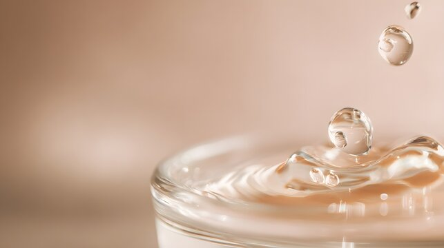 Close‑up of a clear glass of gel with droplets frozen in mid‑air. Soft beige tones, motion, and reflective detail of the splash. hydration themes, and clean visual concepts.