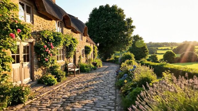 Charming cobblestone path with thatched cottages and colorful flowers at sunset