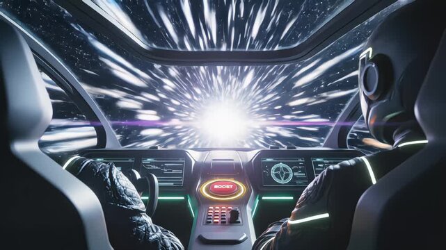 Rear view of futuristic pilots in spaceship cockpit pressing red boost button to activate hyperdrive and entering warp speed with streaking star trails through window