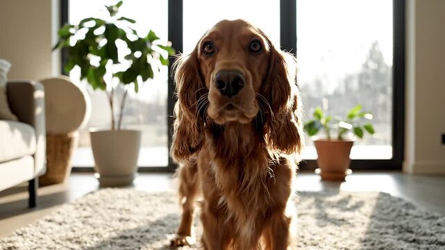 Dog standing on carpet in living room.