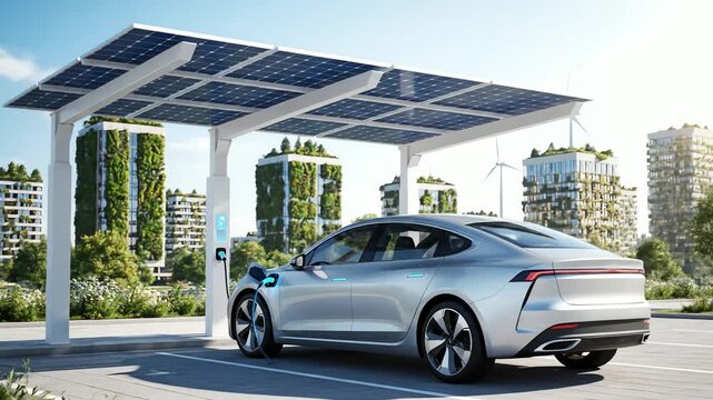 Futuristic electric car charging station powered by solar panels with sustainable city buildings in the background