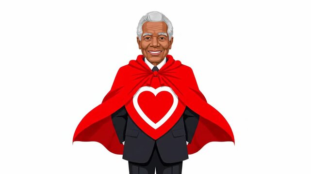 Senior Man Wearing Red Cape with Heart.