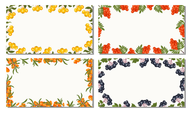 Vector set of berries banners with fruit berry and green leaves. Botanical frame on white background for web design, packaging, label, and seasonal promotions.