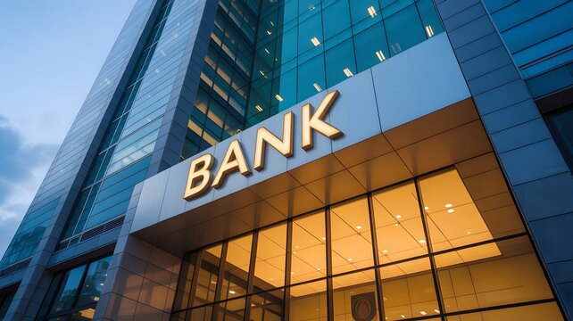 Modern bank building exterior with illuminated signage, financial institution architecture illustration showcasing corporate finance, urban business district, investment, and banking services concept