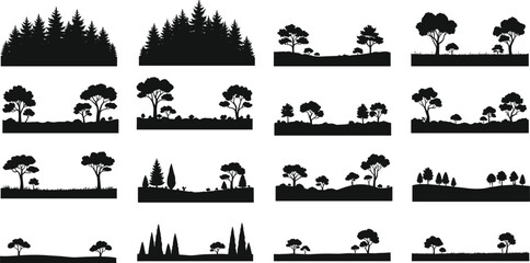 Obraz premium Tree and Forest Landscape Silhouette Set Vector Illustration Collection Featuring Woodland Horizons Isolated on White Background Design Elements